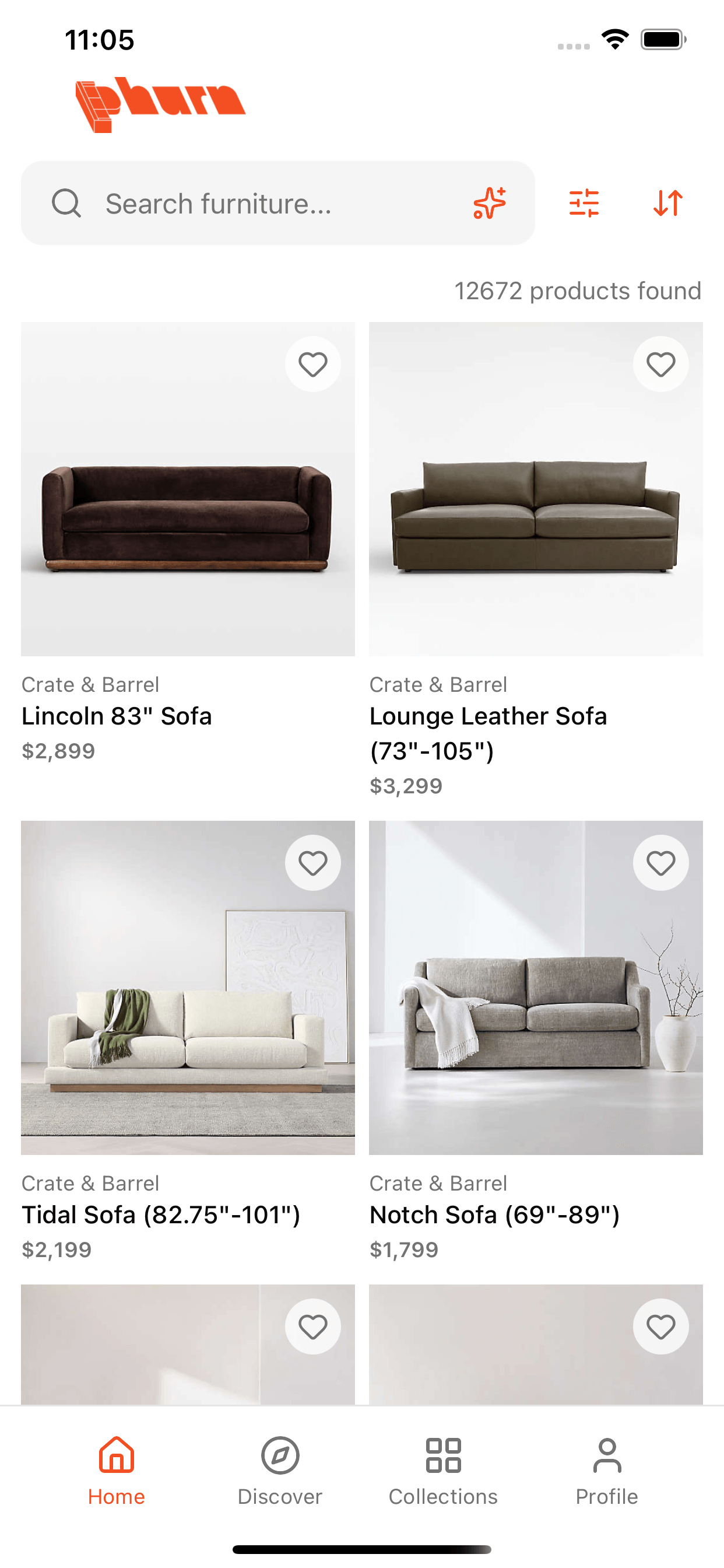 Phurn app home screen showing furniture search results